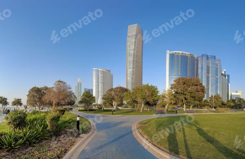 Preview: Modern Abu Dhabi high rise buildings on the Corniche. View from the public park.