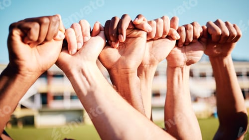 Preview: Fist hands, sport community and hand closeup of exercise team together on a outdoor field. Sports s