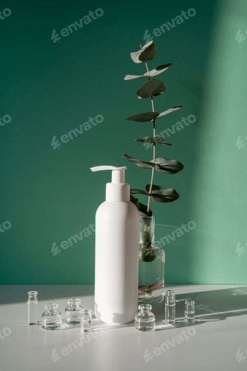 Preview: Eucalyptus and jars of cosmetics on a green background
