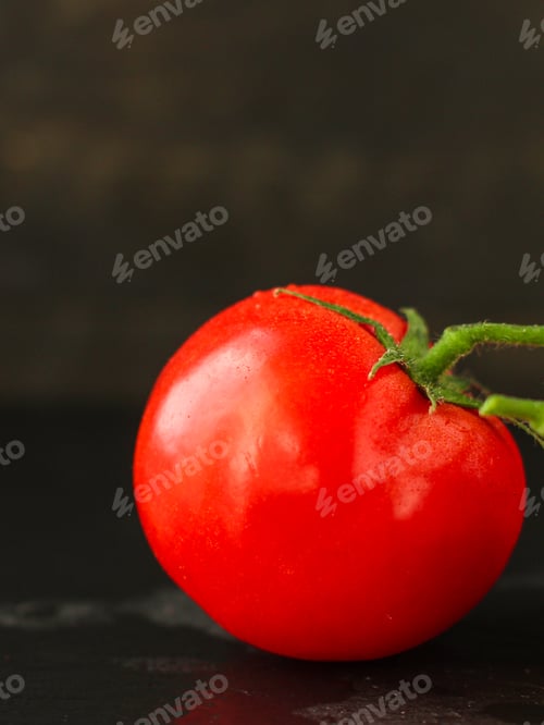 Preview: Tomato On The Green Branch (Red, Ripe Vegetable). Food Background. Top View