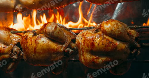 Preview: Delicious Golden Brown Rotisserie Chickens Turn On Spit. Tasty G