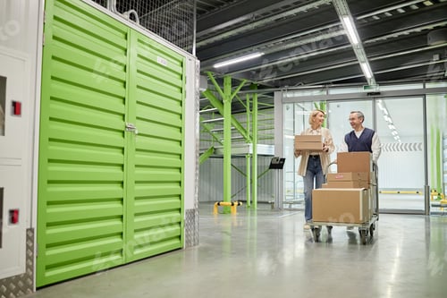 Preview: Caucasian Woman and Middle Aged Man Moving Boxes in Storage Facility