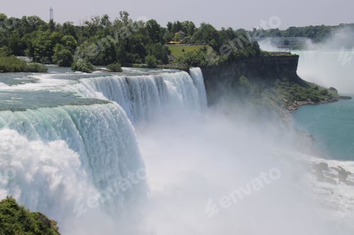 Vorschau: Niagarafälle mit üppigem Grün unter klarem Himmel