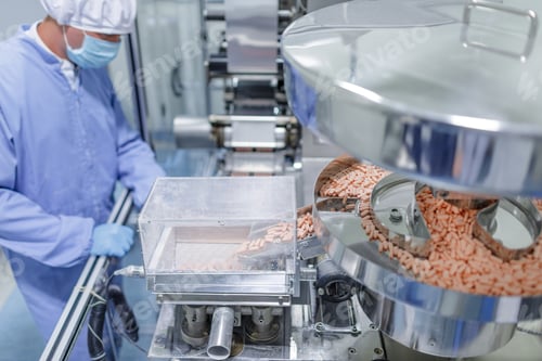 Preview: Tablet Production Line and Packaging in Modern Pharmaceutical Manufacturing Facility with Operator