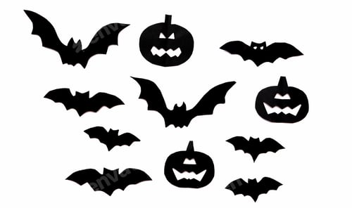 Preview: flying black paper bats and pumpkins on white background, Halloween and decoration concept