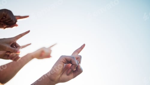 Preview: Fingers, closeup and pointing to sky mockup, collaboration and direction for climate change. Group