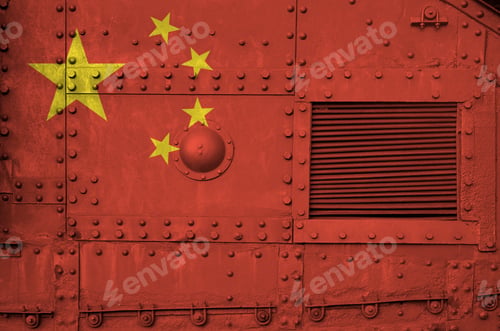 Preview: China flag depicted on side part of military armored tank close up
