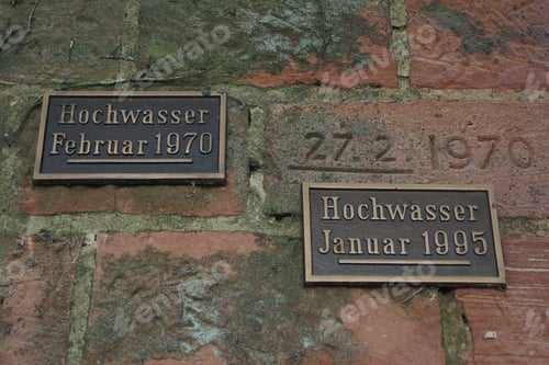 Preview: Flood markings on the banks of the river Main in Hanau Grossauheim, Germany
