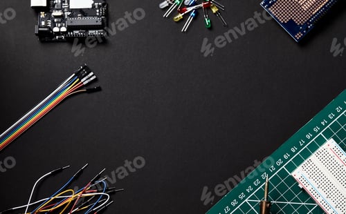 Preview: Overhead Flat Lay Shot Of Electronic Computer Components On Black Background