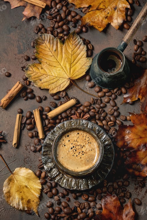 Preview: Black coffee with autumn leaves