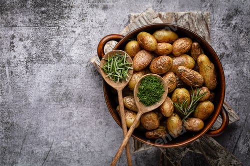 Preview: Pan filled with roasted potatoes shot on rustic wooden table.