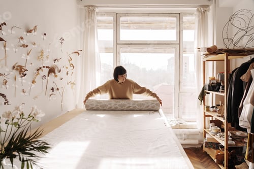 Preview: Creative woman sewing fabric in sunlit workshop