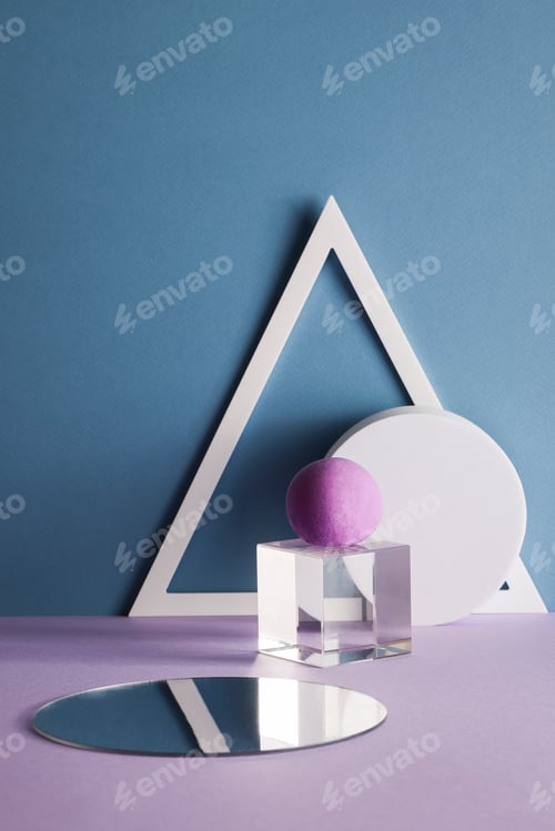 Preview: dimensional compositions of geometric shapes concept. transparent cube with circles, mirror