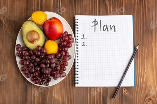 Preview: top view different fruits with notepad on brown wooden desk fruit fresh composition exotic citrus