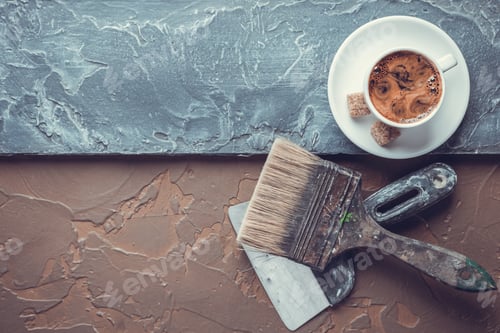 Preview: Cup of coffee and sugar at colorful abstract background texture. Coffee break time