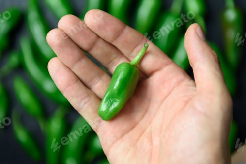 Preview: Green jalapeno hot pepper in hand closeup