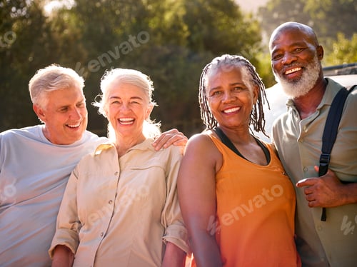 Preview: Portrait Of Group Of Senior Friends Going For Hike In Countryside Standing By Car Together