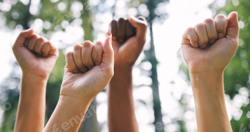Preview: Peoples fist in the air outside in nature. Closeup of a group of peoples fist in the air as a conce