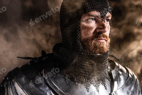 Preview: handsome knight in armor looking away on black background
