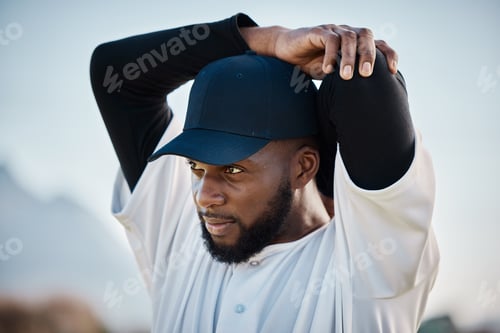 Preview: Baseball field, thinking or black man stretching in training ready for match on field in summer. Wo