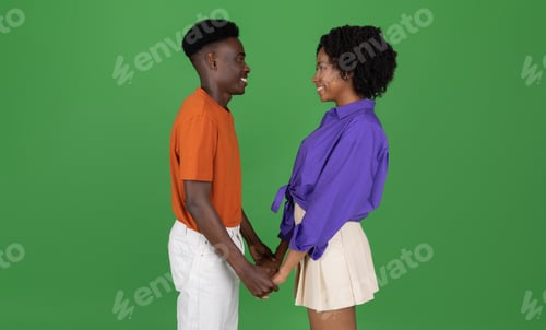 Preview: Cheerful young african american guy and woman in casual holding hands, enjoy tender moments
