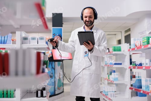 Preview: Pharmacist with headset listening music while scanning pills packages bar code