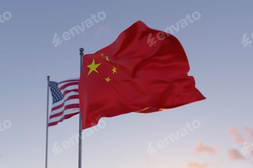 Preview: Flags of China and the United States waving in the wind against a blue sky, representing diplomacy