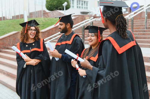 Preview: Diverse students celebrating graduation holding diplomas outdoors
