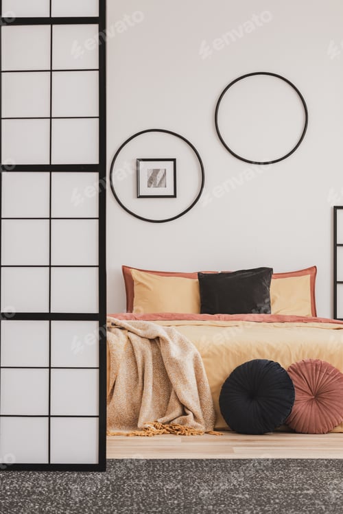 Preview: Elegant bedroom interior with black and white screen and comfortable bed with pillow