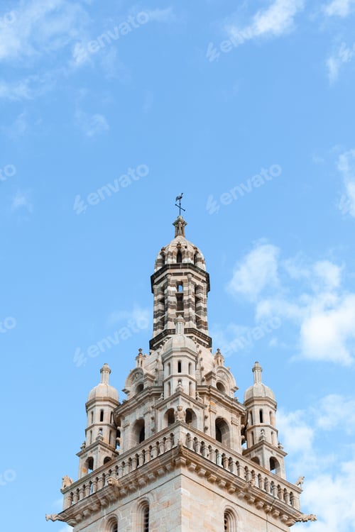 Preview: Low angle shot of Church of Our Lady of Croaz Batz against a blue sky in Finistere, Brittany, France