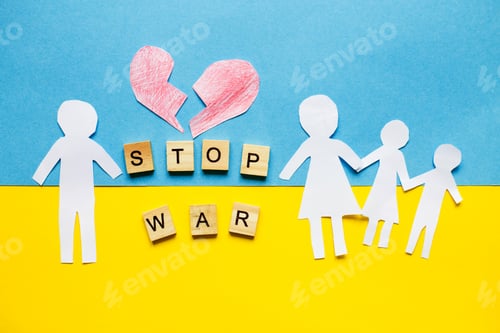 Preview: paper cut divided family on the background of the ukrainian flag. stop war concept