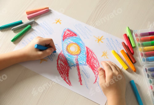Preview: Little boy drawing rocket with soft pastel at wooden table, above view. Child`s art