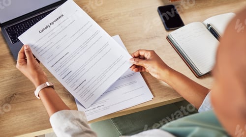 Preview: Family lawyer, hands and contract with attorney case and custody notes with agreement in a office.