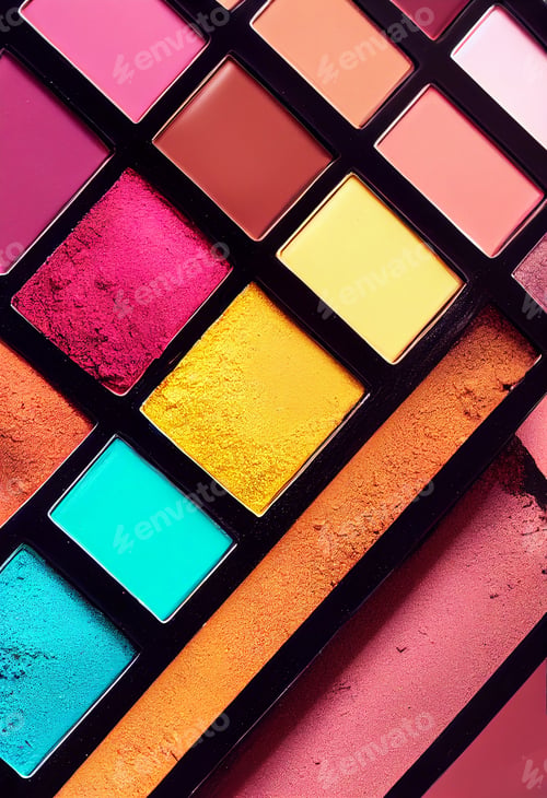 Preview: Concept image makeup and vibrant makeup colors and a cosmetics brush with copy space, banner for des