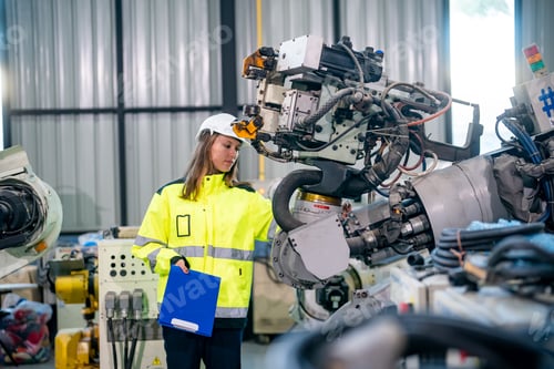 Preview: Engineer Inspecting Industrial Robotic Arm in Manufacturing Facility During Daylight