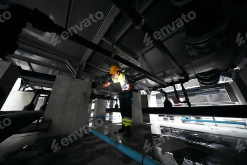 Preview: Technician inspecting machinery beneath the industrial facility during daytime work hours