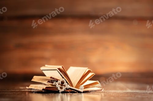 Preview: Old book and key on wooden table