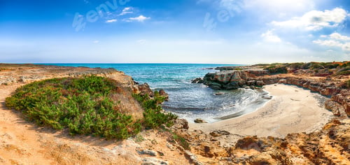 Preview: Picturesque seascape with white rocky cliffs, sea bay, islets and faraglioni