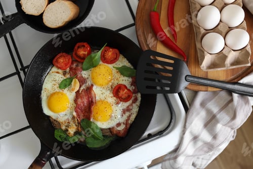 Preview: Delicious fried eggs with bacon and tomatoes in pan on stove, top view