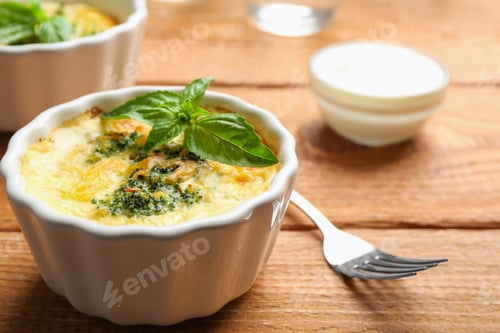 Preview: Tasty broccoli casserole in ramekin on wooden table, closeup