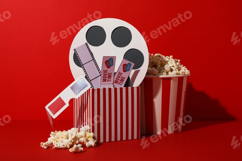 Preview: Paper cup with popcorn and box with movie supplies on red background