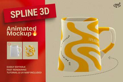 Visualização: Maquete de caneca de café animada de 360 graus (Spline 3D)