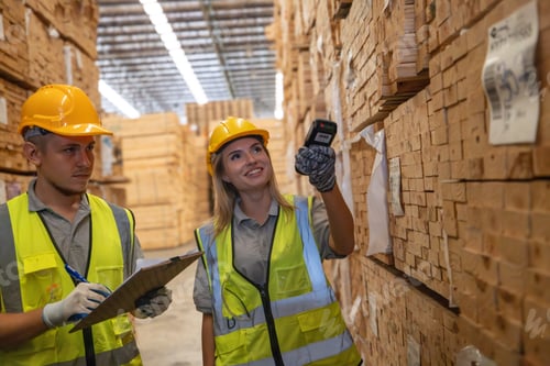 Preview: Warehouse staff verify wooded pallets items using handheld device, ensuring precise shipment.