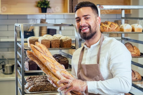 Preview: Retail trade concept , man owner of food factory using devices