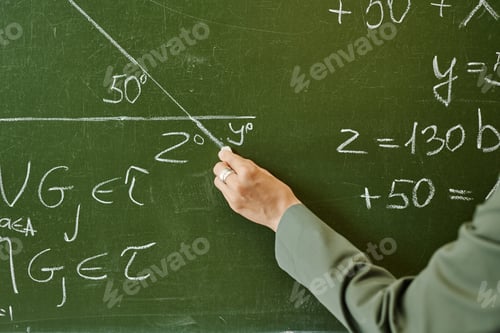 Preview: Hand of young teacher of geometry drawing triangle with unknown angle