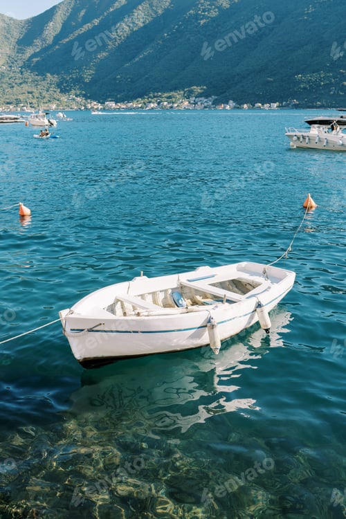Preview: White fishing boat moored near the shore