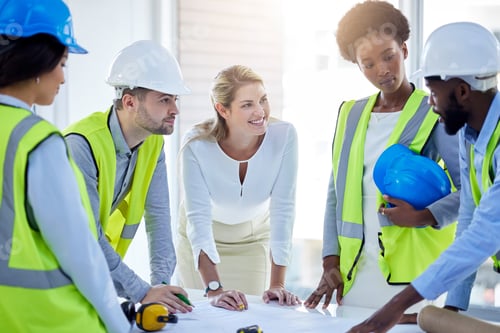 Preview: Construction team, business people and blueprint with planning, builder group or contractor. Indust