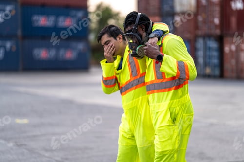 Preview: Two industrial workers in high-visibility suits assist each other after a hazardous