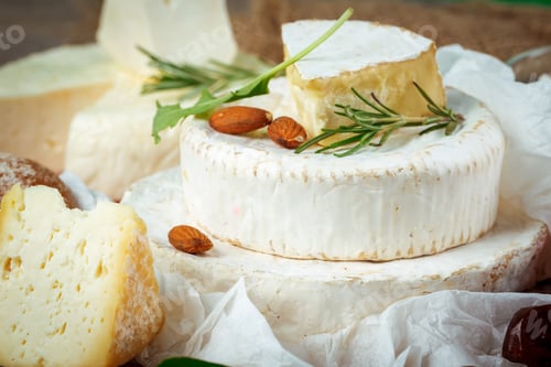 Preview: Appetizing selection of Cheese and Almonds on Parchment Paper