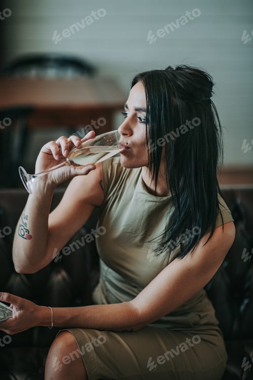 Preview: brunette millennial relaxes and drinks champagne